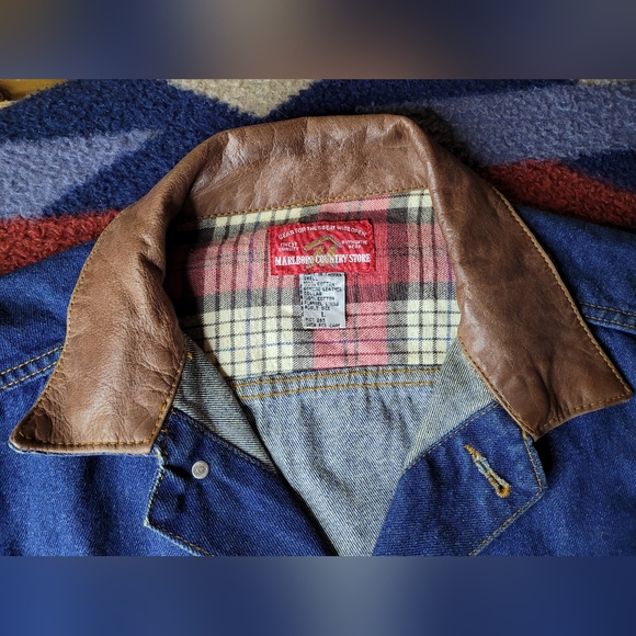 Vtg Marlboro Country Store Denim Jean Jacket Mens Large Button Up Leather Collar - Picture 2 of 12